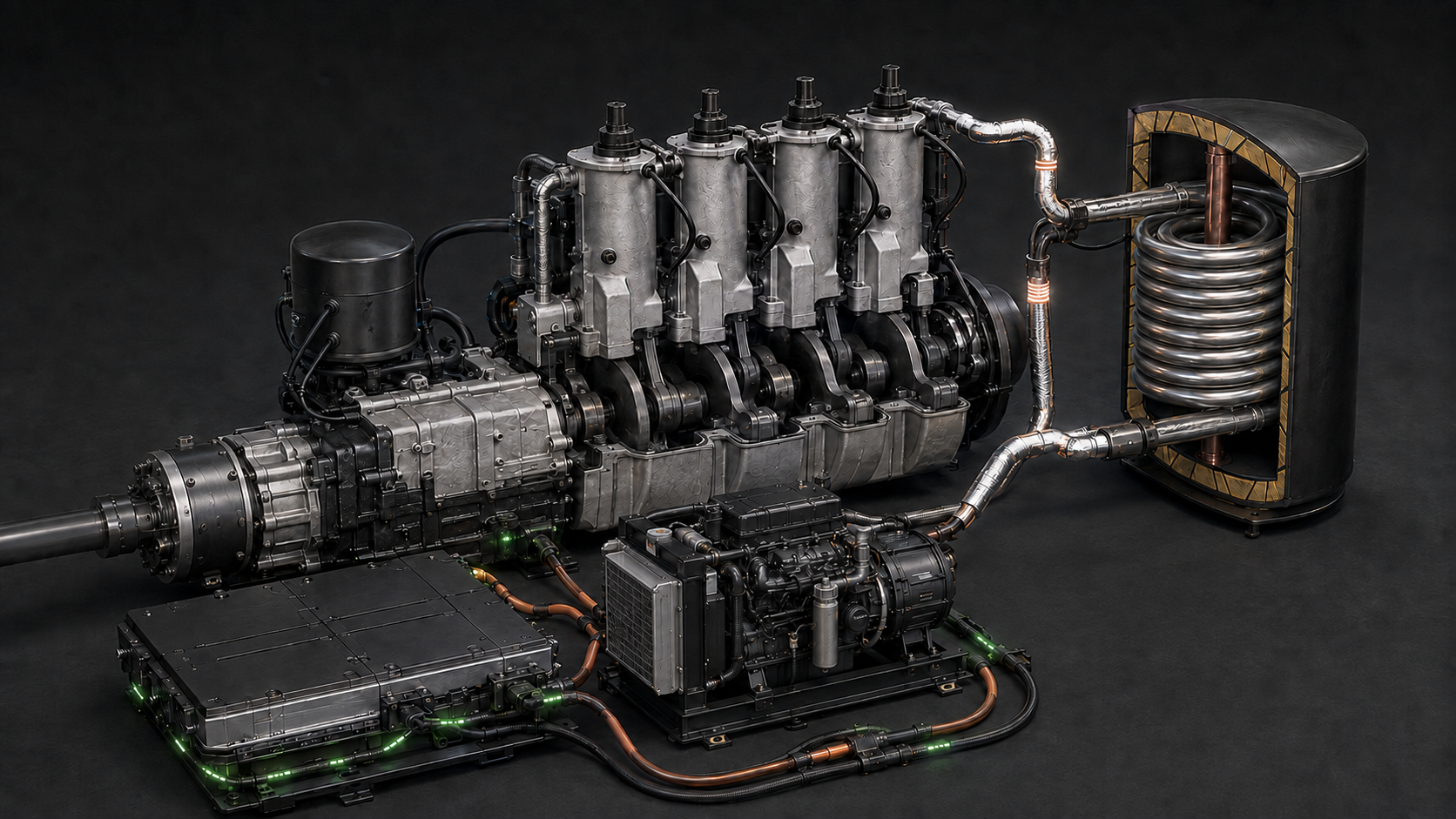 Realistic BrixRae powertrain with a four-cylinder steam engine, gearbox, inline driveshaft PMSG, compact Kubota diesel APU, batteries and induction steam generator